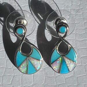 Sterling Silver Turquoise & Opal Inlay Drop Earrings – QB Signed